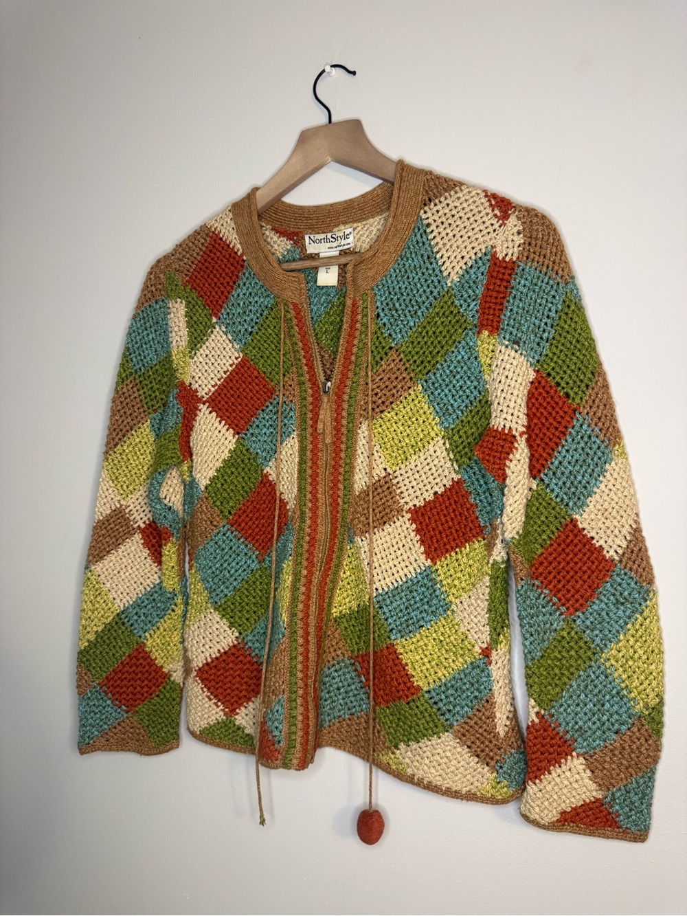 NorthStyle 100% Cotton Patchwork Crochet Knit Zip-Up Cardigan Jacket - Size Larg